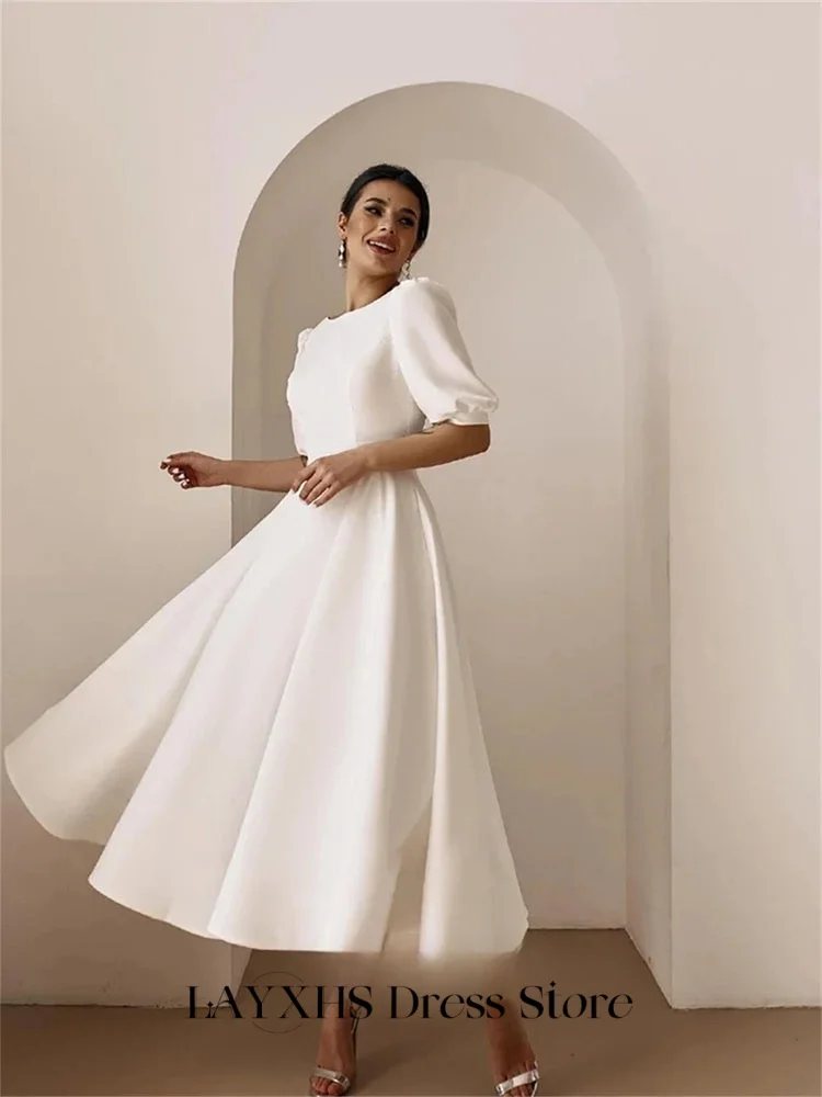 LAYXHS-vestidos de Noche sencillos, corte en A, cuello redondo, media manga, botones, espalda descubierta, vestidos de graduación plisados, batas de fiesta personalizadas