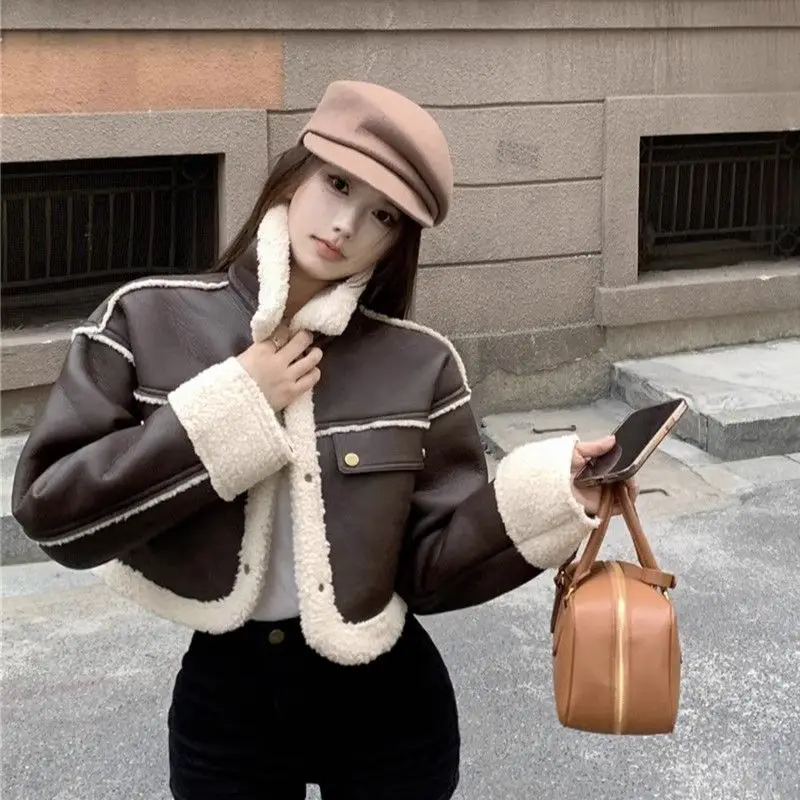 

Korea Autumn Winter New Retro Jacket Leather Jacket Thin Stylish Women'S Short Niche Design Long-Sleeved Top