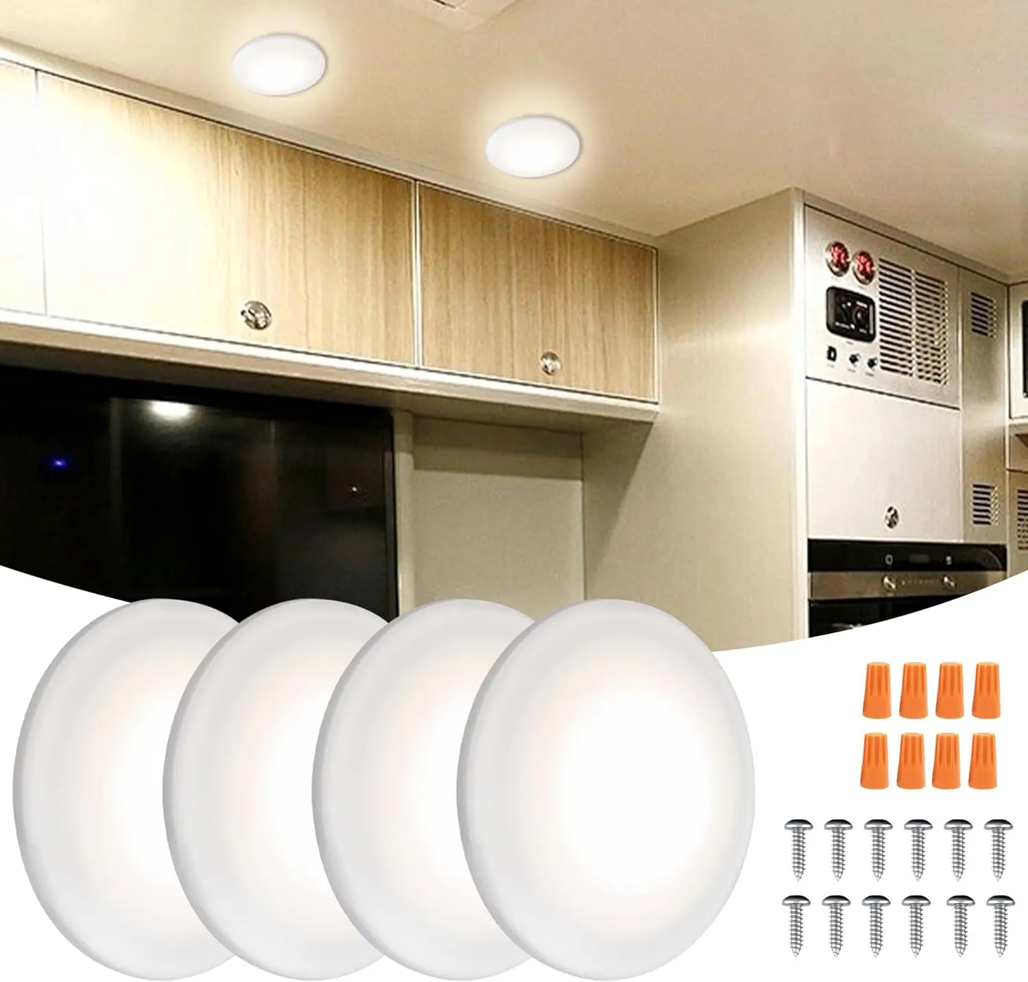 

Комплект из 4 светодиодных потолочных светильников для автодомов, фургонов, прицепов и лодок, 12В, 4,5 дюйма, 4Вт/3300К/360Лм, без выключателя