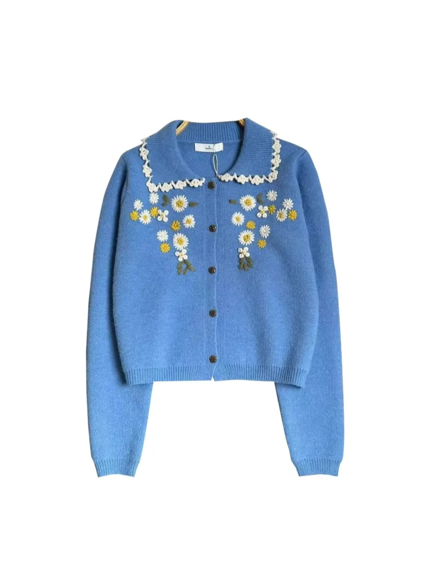 New Autumn Daisy Floral Embroidery Knitted Sweater Korean Fashion Women's Vintage Doll Collar Blue Casual Cardigan Knitwear