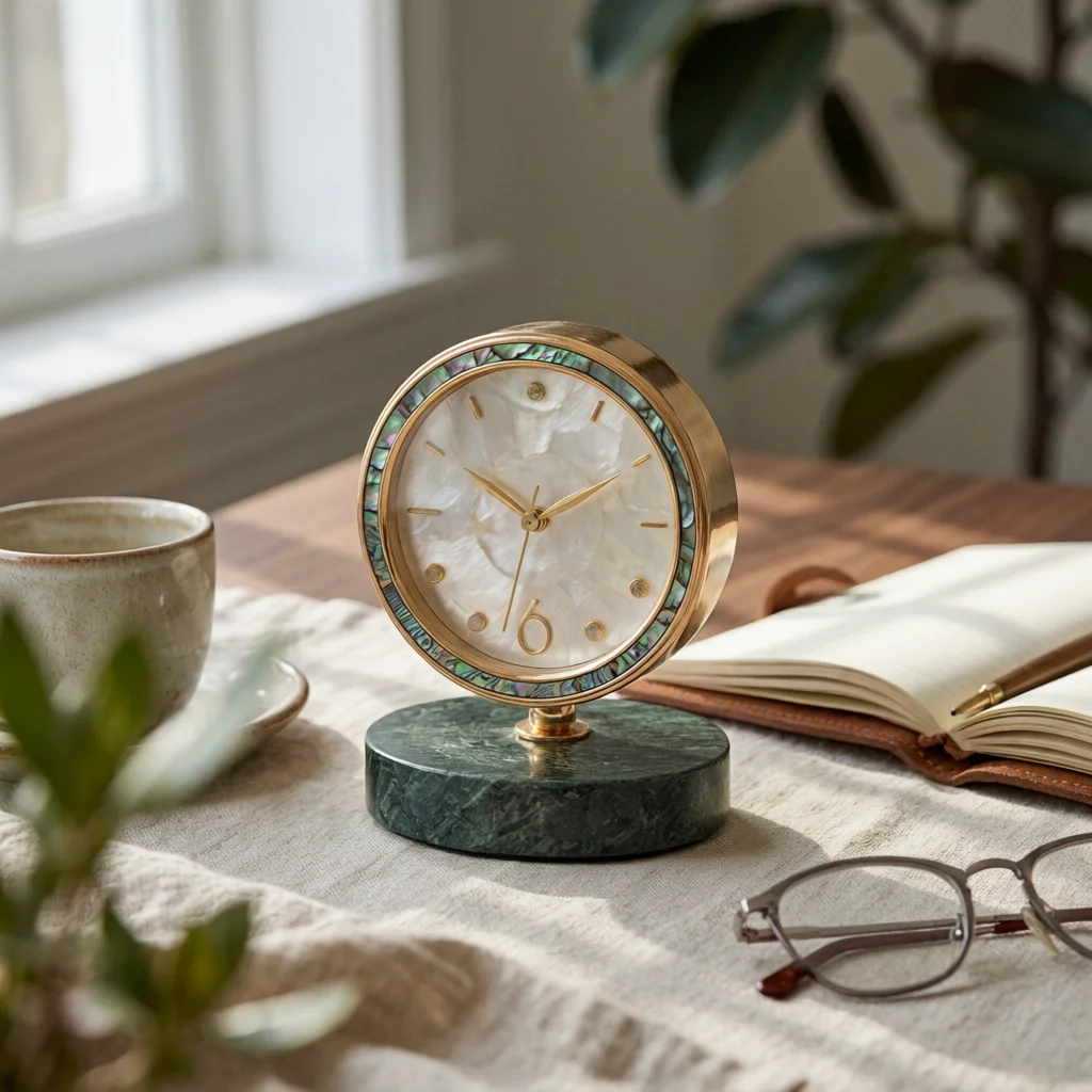 Clock with Marble Base Iridescent Decorative Mantel Clock Classic Easy-to-Read for Living Room, Office