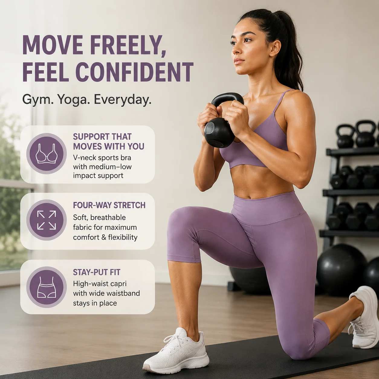 Women Yoga 2 Piece Set Sports Bra & Capri Pants V Neck High Waist Wide Waistband Seamless Quick Dry Stretchy Activewear Set
