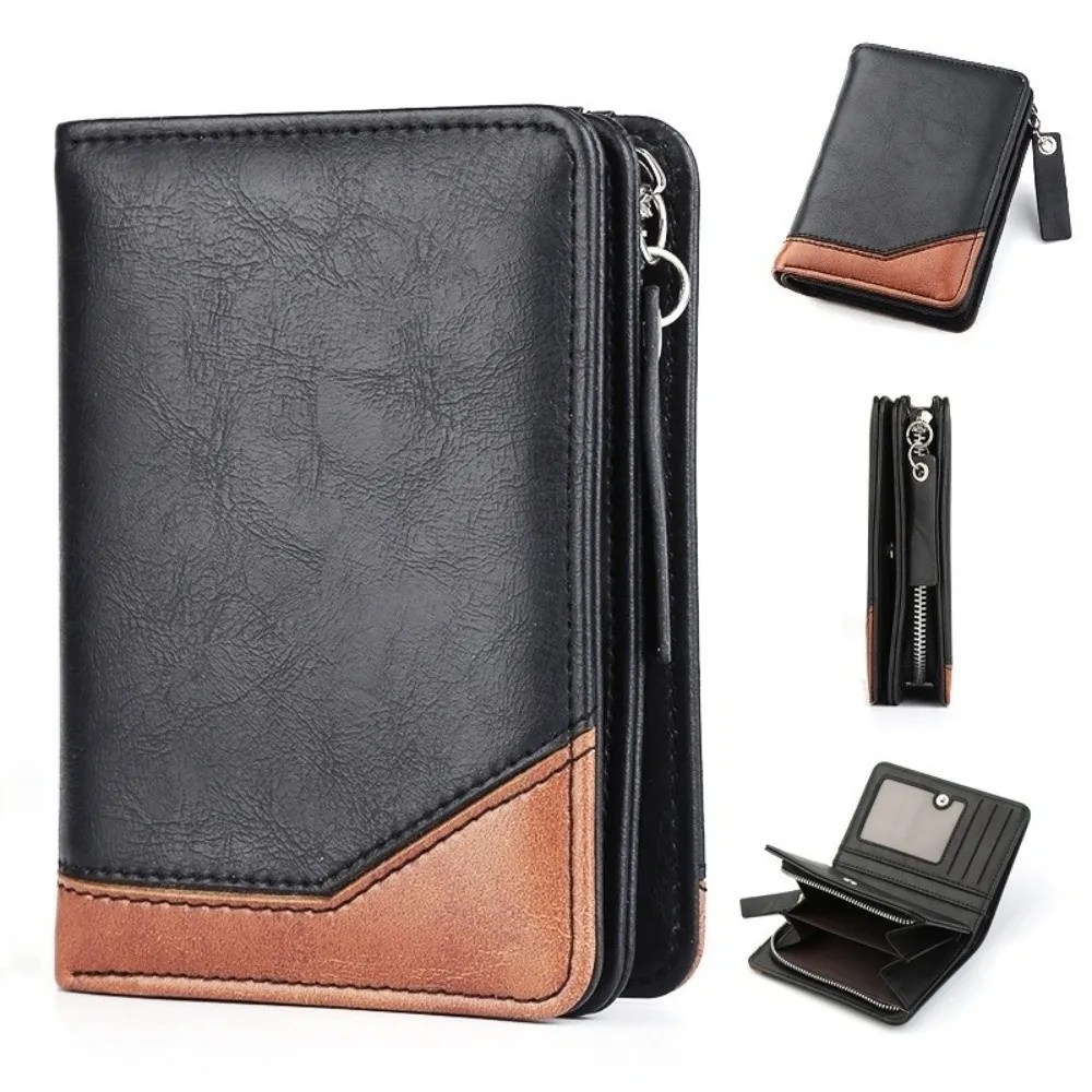 

Pu Leather Men Short Wallet Color Blocking Large Capacity Business Clutch Bag Multi Card Slot Zipper Men Card Holder Travel
