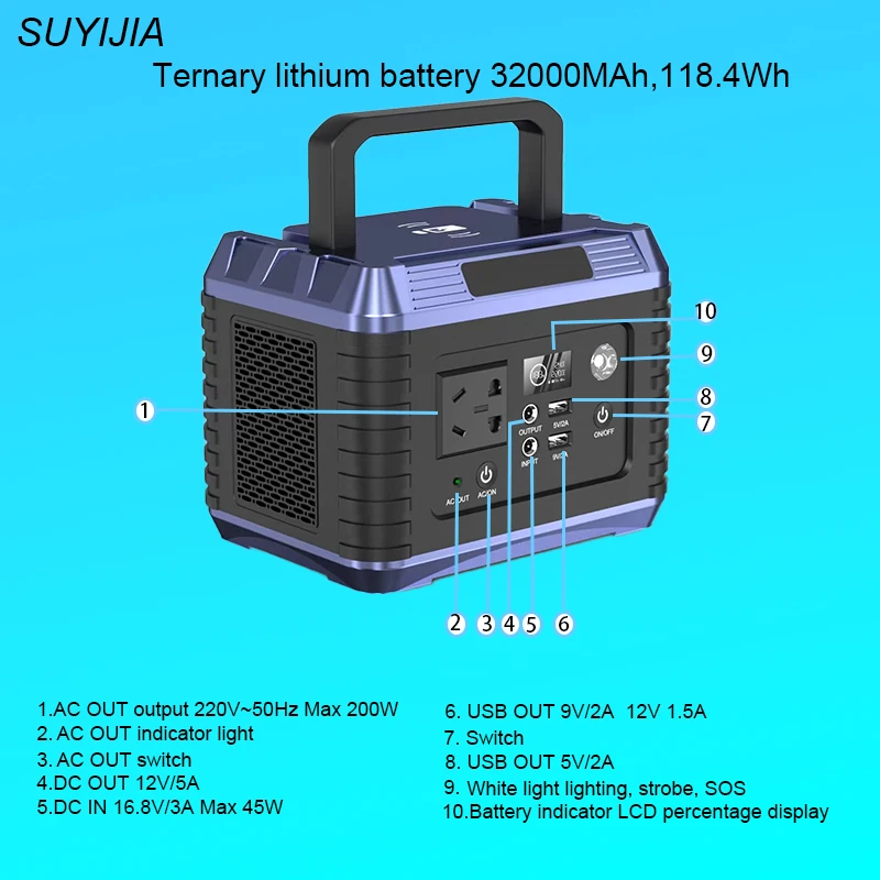 

portable power station ternary lithium battery 32000MAh 118.4Wh 220V energy storage power supply camping RV multi-function USB