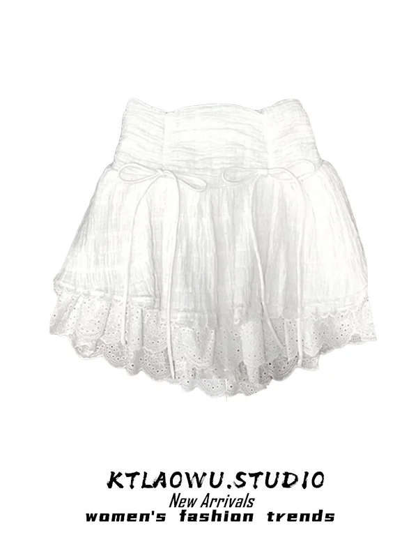 Gonna ort in pizzo bianco con fiocco elastico in vita da donna Sle Primavera Autunno Nuovo modello Gonna torta Vita alta rimbalzo Abbigliamento quotidiano