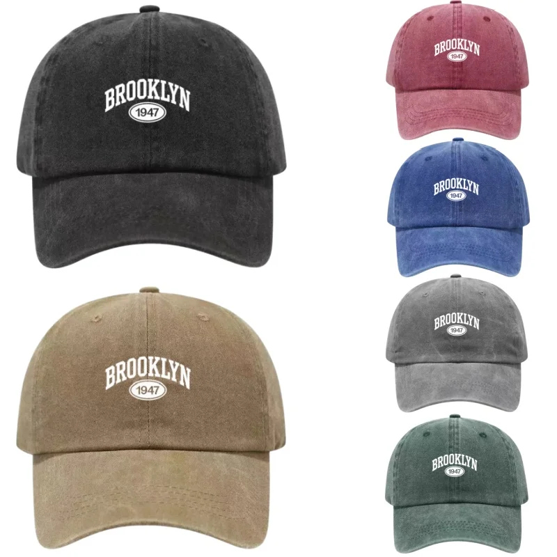 Brooklyn 1947 Printed Washed Cotton Adjustable Baseball Cap Classic Snapback Dad Hat Breathable Hat Golf Fishing Outdoor Sun Cap