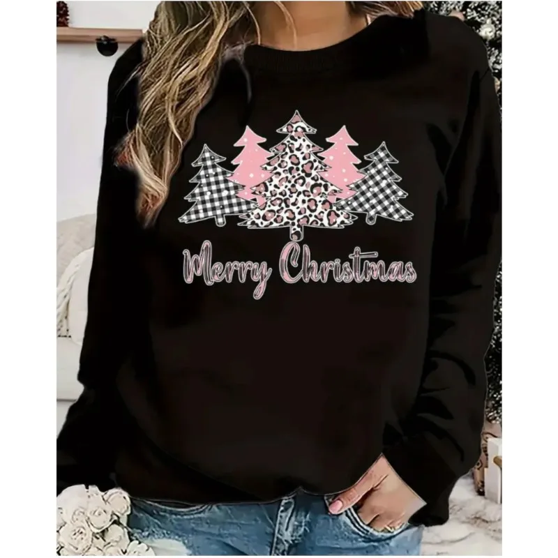 New Spring and Autumn Christmas Tree Printed Pattern Women\'s Hoodie Round Neck Hoodie Comfortable Commuting Style Women\'s Hoodie