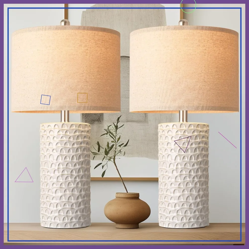 

Современный набор из 2 керамических настольных ламп, прикроватные светильники в деревенском стиле для гостиной и спальни, бело-бежевый декор для дома
