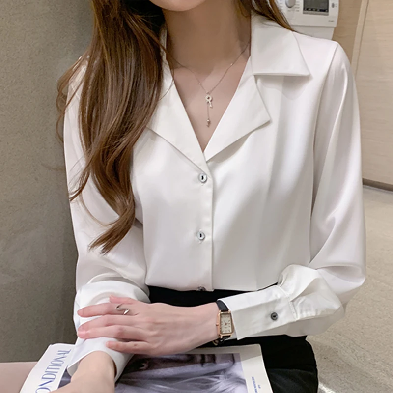 Women Shirts Silk Women Blouses Office Lady Satin White Shirt Woman Clothes Long Sleeve Blouse Notched Collar Casual Ladies Tops