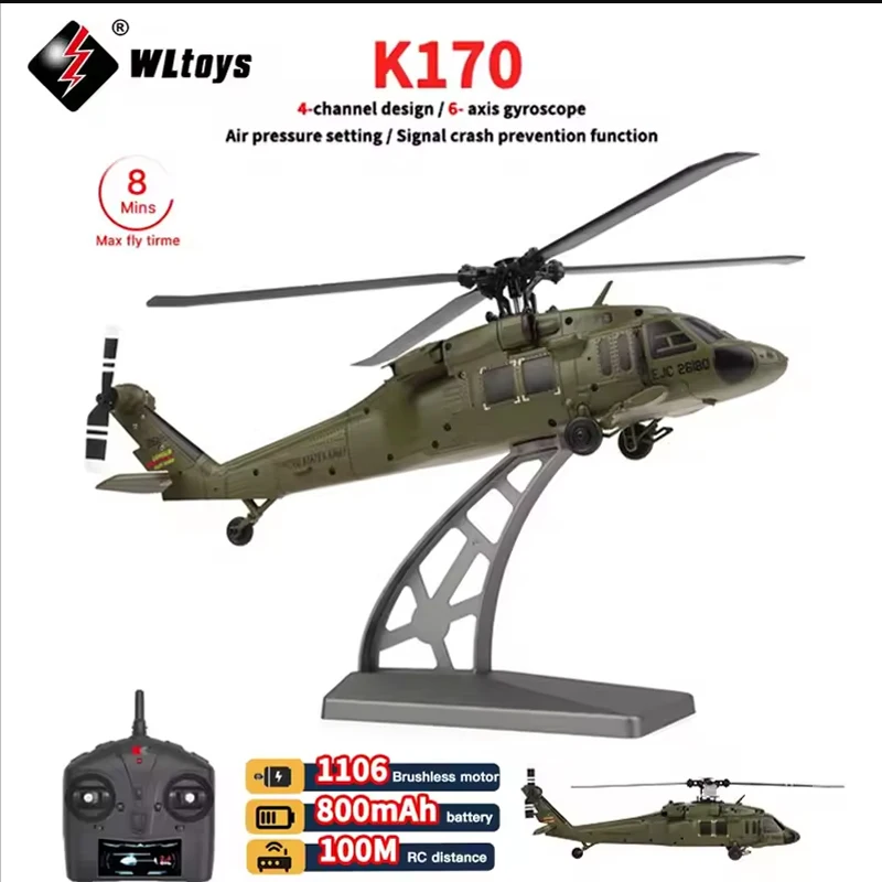 WLtoys K170 RC Helicopter with Gyro UH-60L 4CH Remote Control Brushless Helicopters with LED Light Airplane Toys for Children