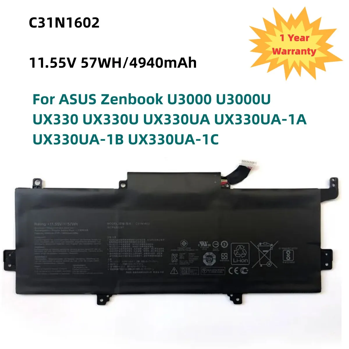 

11.55V 57WH C31N1602 Battery For ASUS Zenbook U3000 U3000U UX330 UX330U UX330UA UX330UA-1A UX330UA-1B UX330UA-1C 0B200-02090000