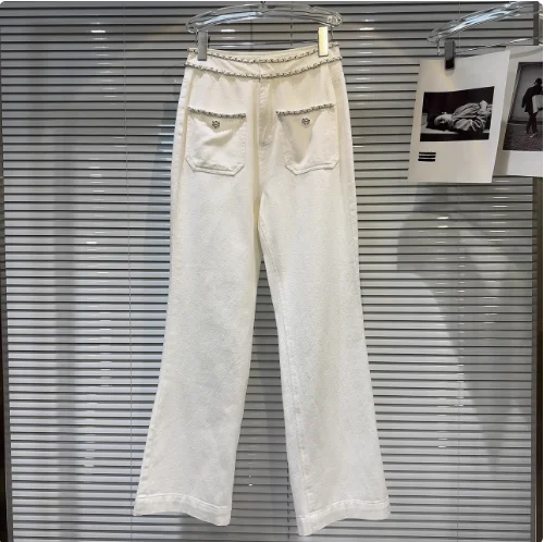 2025 Spring New Personalized Metal Woven Chain Pocket Design Straight Casual Jeans Women's Blue Denim Pants