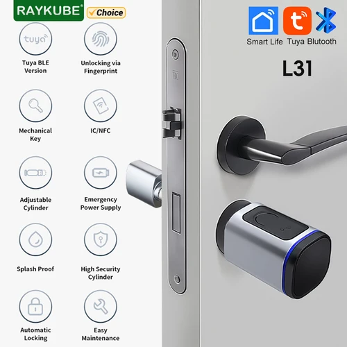 RAYKUBE L31 Tuya BLE cerradura electrónica inteligente con huella dactilar cerradura de cilindro de 60/70mm con aplicación Tuya/Llaves/desbloqueo de tarjeta IC