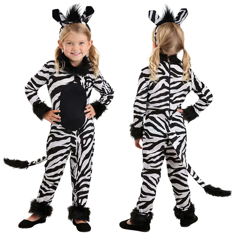 

Child KID's Zebra Cosplay Costume Sassy Stripes Animal Onesie Halloween Costume Dress Up Role Play Kids Party Cosplay Outfit