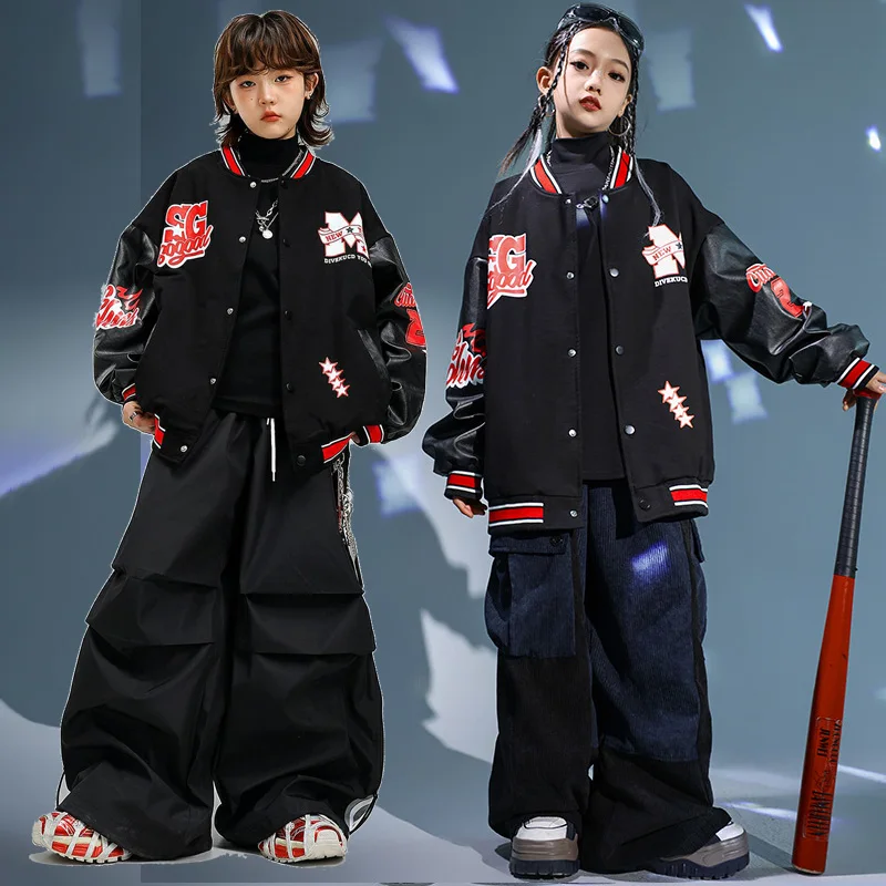 Ropa de bailarina de Hip Hop para niños, ropa de calle para niños y niñas, chaqueta de béisbol holgada, pantalones de pierna ancha, conjuntos de trajes, trajes de chándal