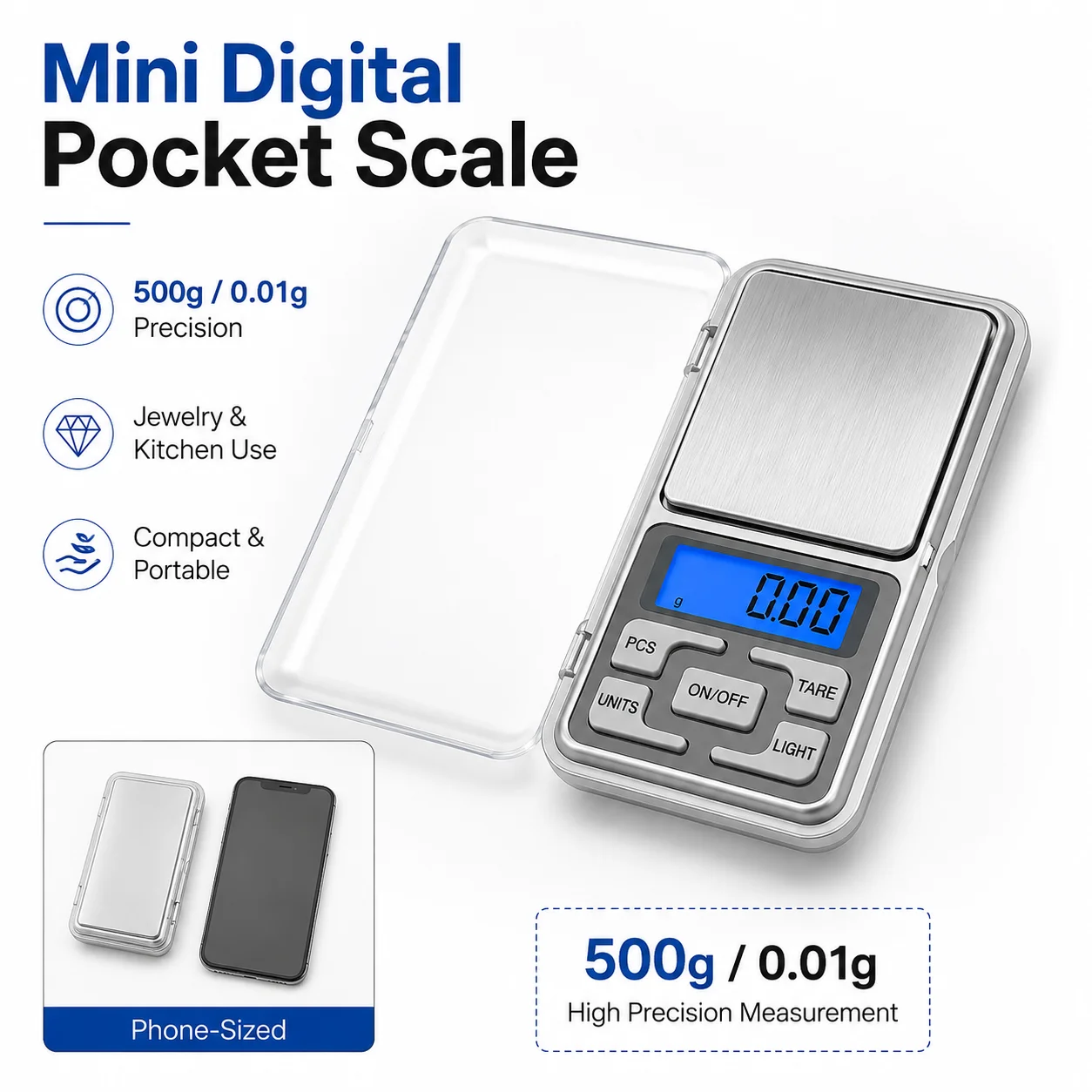 Balança Digital de Bolso 1/2 Peças 500g/0.01g, Balança de Joias Mini de Alta Precisão com Display LCD, Ferramenta Portátil de Pesagem em Gramas para Casa