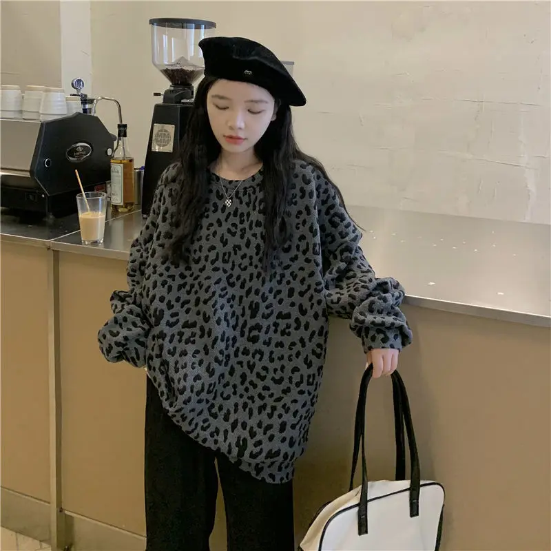 Sweatshirts Women M-3XL Autumn Chic Classy Female Retro Loose Fashion Leopard Harajuku BF Style Aesthetic Spring Clothing Casual