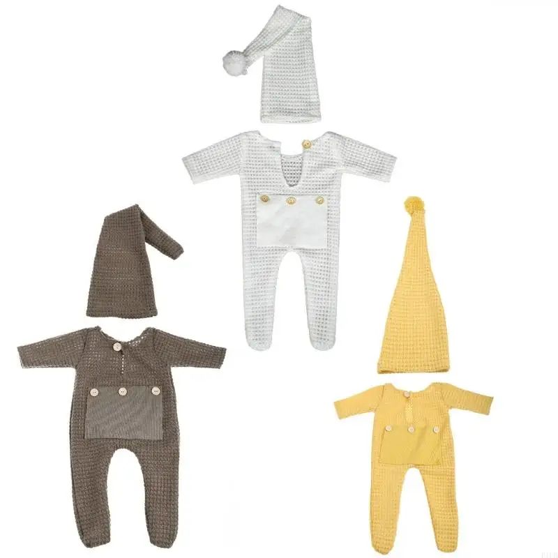 

F1CB 2 Pcs Newborn Photography Props Crochet Outfit Baby Romper Hat Set Infants Photo Jumpsuit Bodysuit