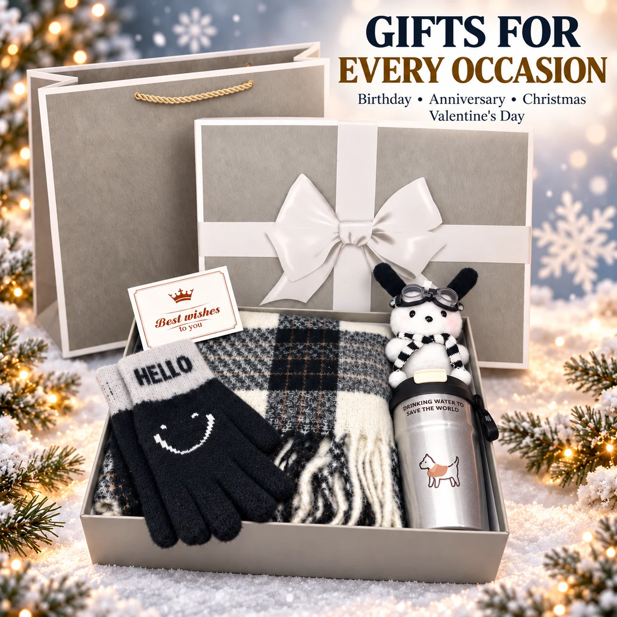 Winter Gift Set with Scarf Gloves Thermos Cup Gift Box Gift Bag Birthday Anniversary Christmas Holiday Present
