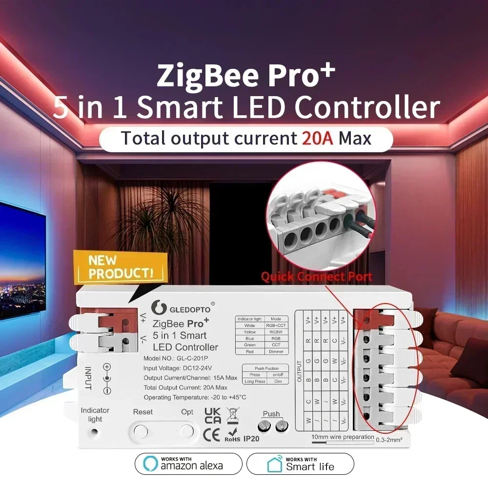 

LEDOPTO ZigBee 3.0 Pro+ 5 in 1 LED Strip Controller Usse For RGBCCT/RGBW/RGB/CCT/Dimmeing Dimmer LED Strips tape 20A Max