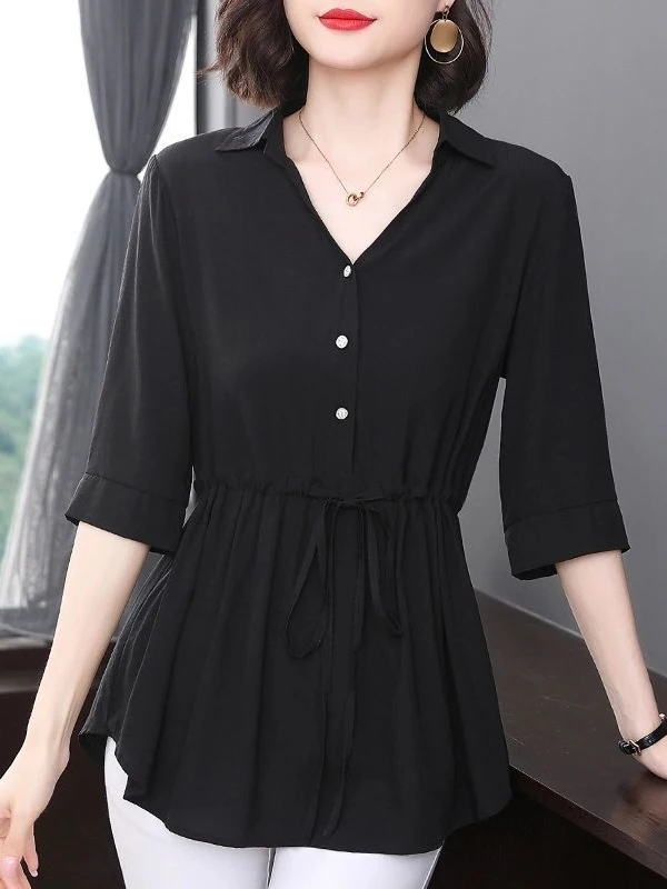 

plus Size ort Sve irt Korean Sle Commute Wind Loose Fit Button Design V-Ne Spring Summer New Arrival Women's Top