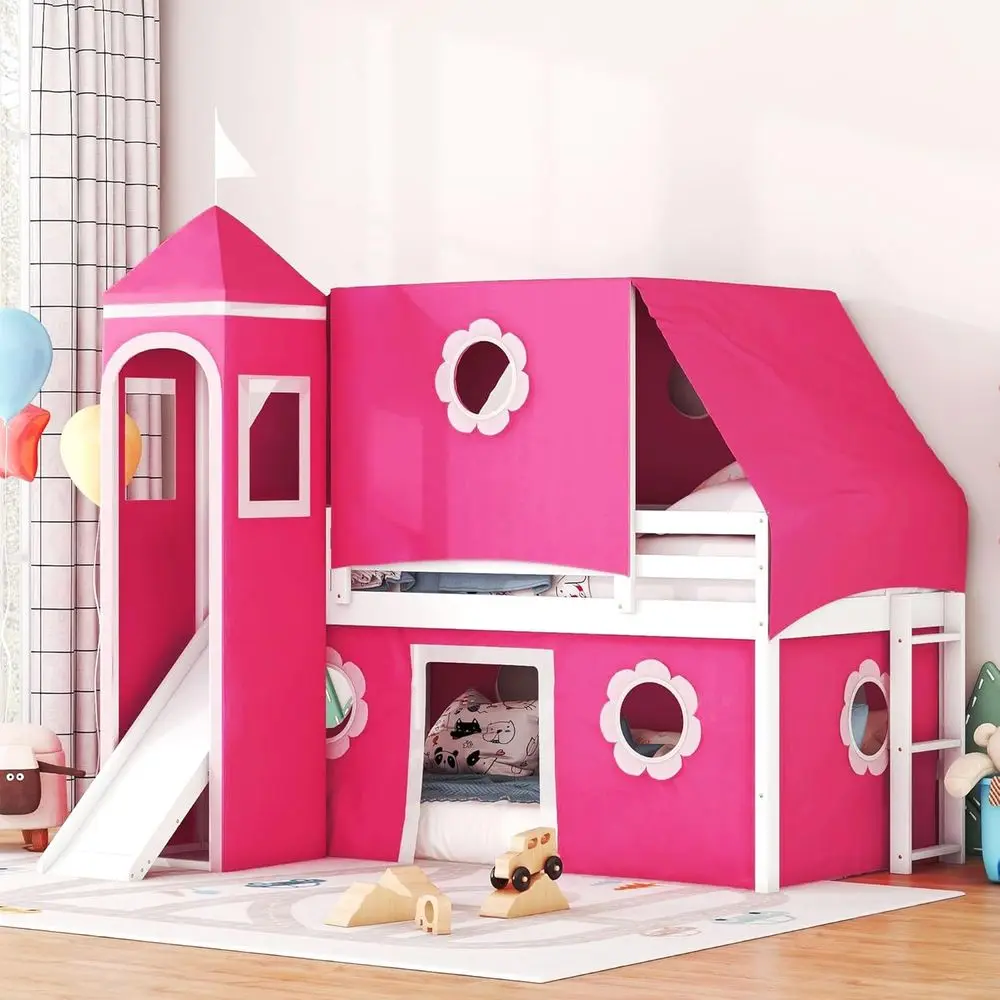 Twin Size Castle Bed with Slide, Tent, and Tower - Spacious Underbed Play Area for Kids (Pink)