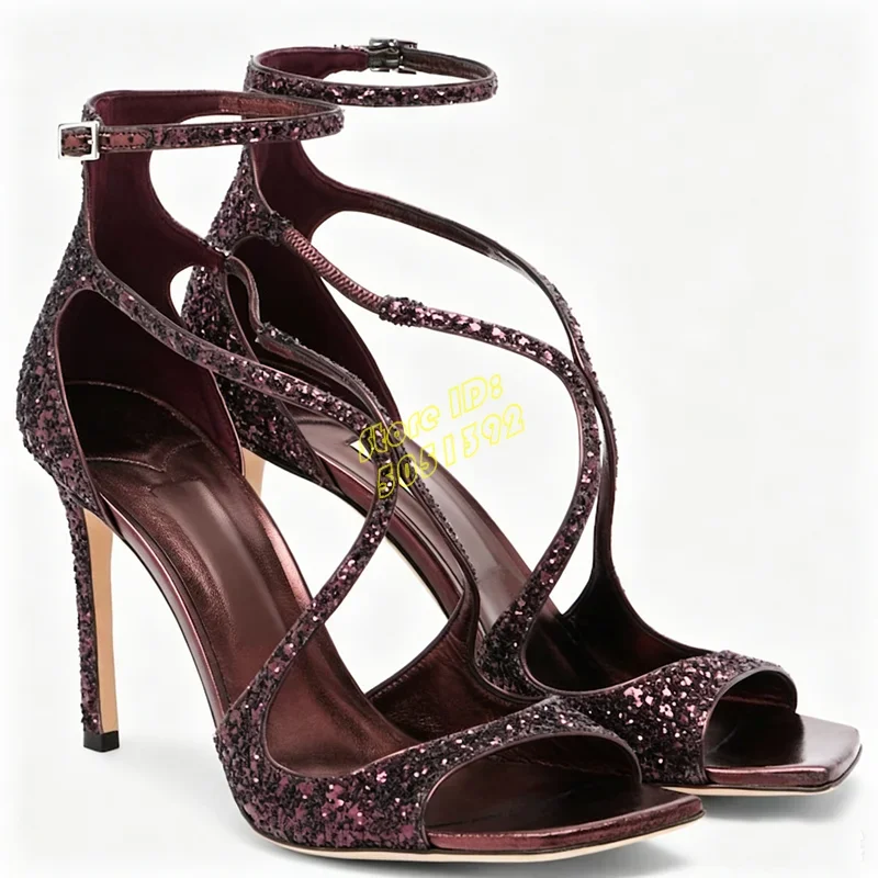 Red Glossy Patent Leather High Heel Sandals Square Toe Cross Strap Ankle Buckle Strap Handmade Runway 2026 Summer Spring Shoes - view 6