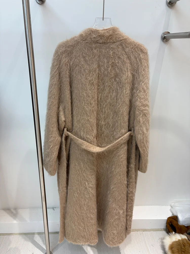 Women Long Wool Blend Coat Waterfall Lapel Open Front Shaggy Fluffy Handmade Loose Winter Ladies Woolen Outerwear Overcoat