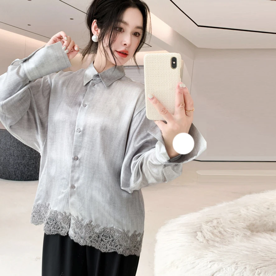 

Moss Grey See-through Seductive Long Sleeve Silk Shirt Pearl Luster Alluring Vintage Lace Hemline Women's Premium Fashion