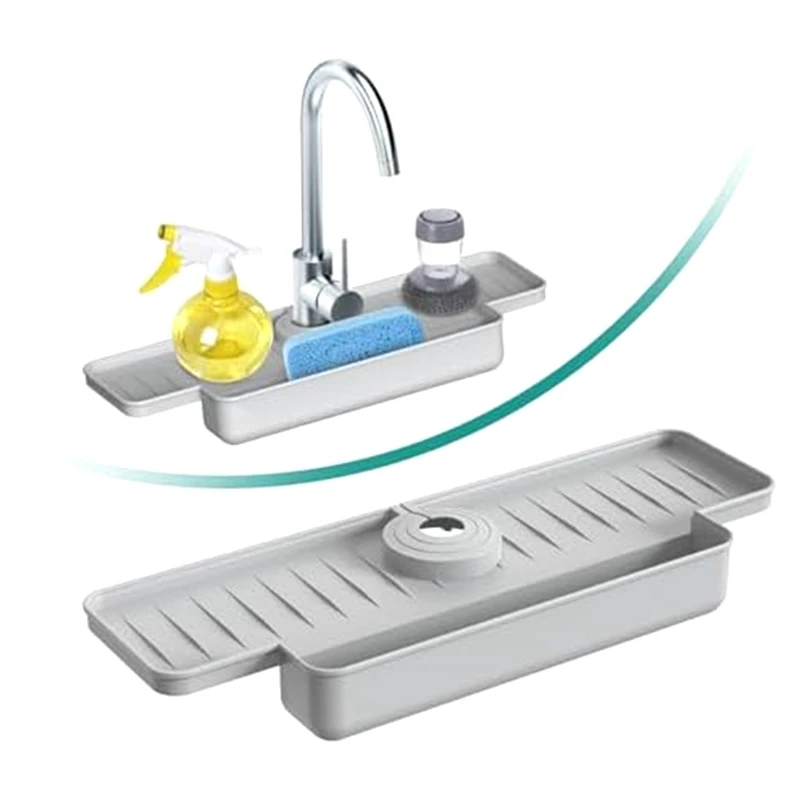 Kitchen Sink Splash Guard Upgraded Faucet Water Catcher Tray Sink Sponge Holder Gray