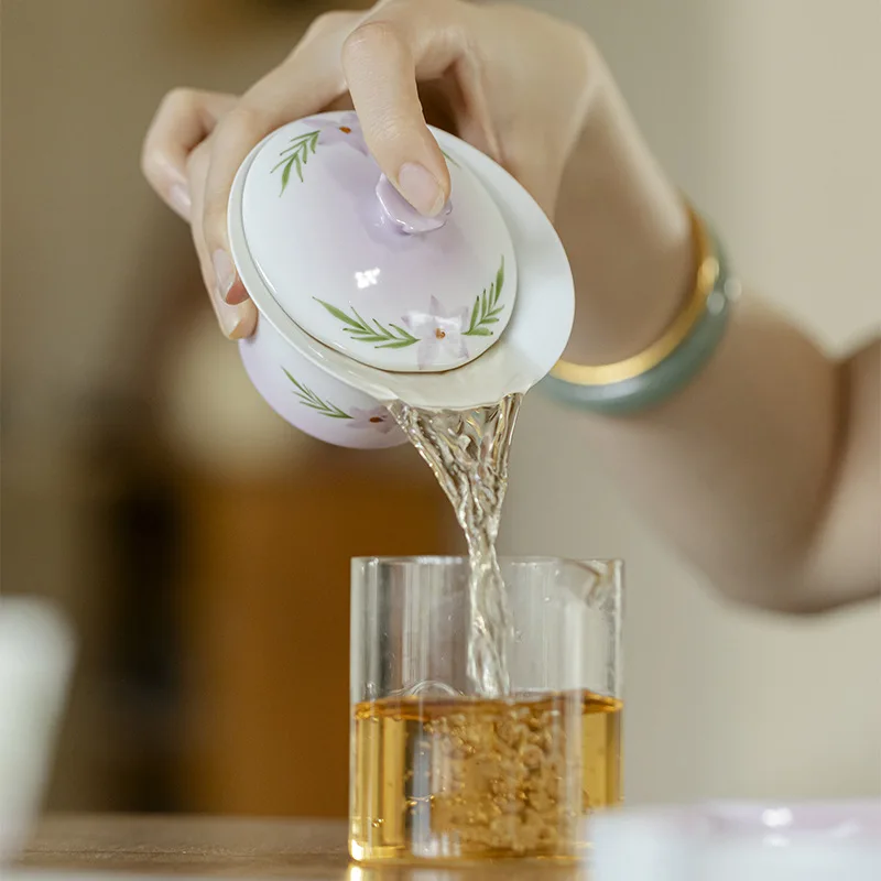 Jade Clay White Porcelain Hand-painted Purple Dream Lock Face Spill-proof Lid Bowl Kung Fu Tea Set Ceramic Household Imitation H