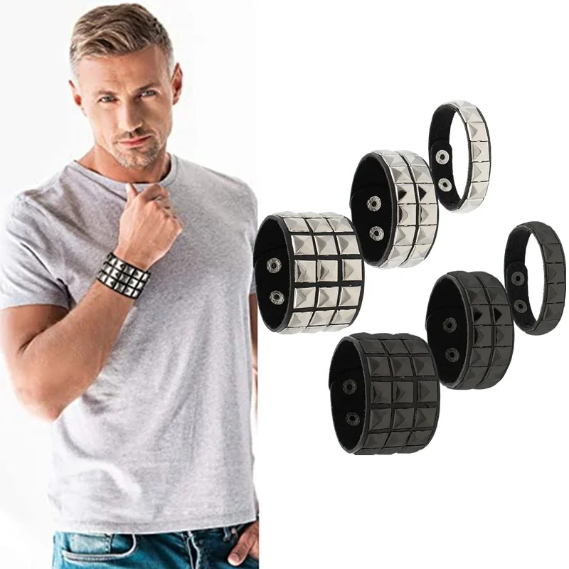 Brazalete de cuero negro a la moda Punk para hombre, pulsera con remaches de Metal, brazalete envolvente de los años 80 para mujer, joyería gótica Rock