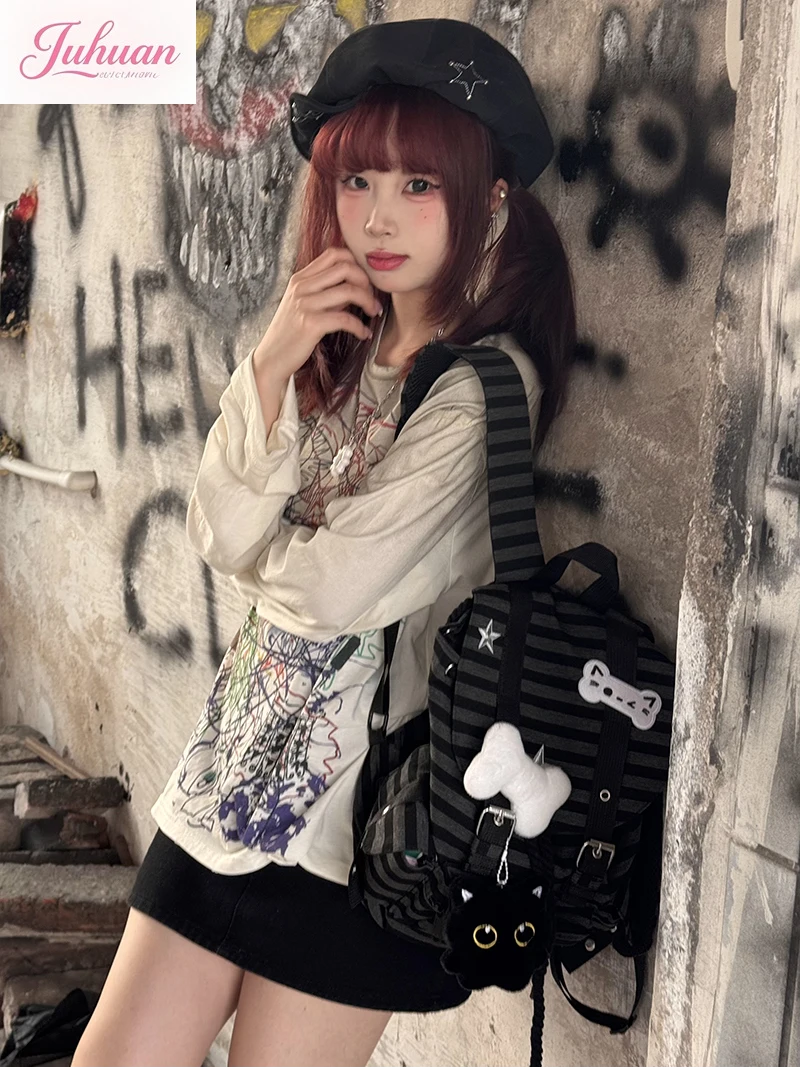 

Japanese Handmade Bone Striped Backpack Shaoluo Vision Yabixing Student Schoolbag Niche Y2k Large Male Female Capacity Backpack