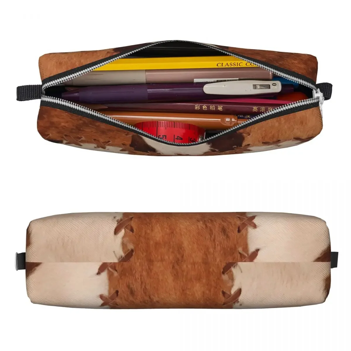 Patchwork Cowhide Rustic Western Decor Pencil Case Creative Pen Holder Bag Girls Boys Large Storage Office Cosmetic Pencilcases