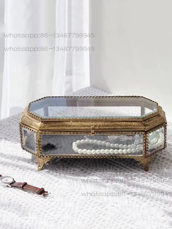 Boîte à bijoux en verre en Relief en laiton rétro américain importé de l'inde, commode décorative, ornement de boîte à bijoux
