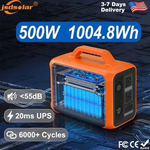jsdsolar 500W Portable Solar Powered Charger Kit 1004.8wh Solar LifePO4 Battery Power Station Support Solar Panel Charger for Car RV Boat Motorcycle Camping Outdoor 6000+ Cycles Energy Supply Generator 20ms UPS