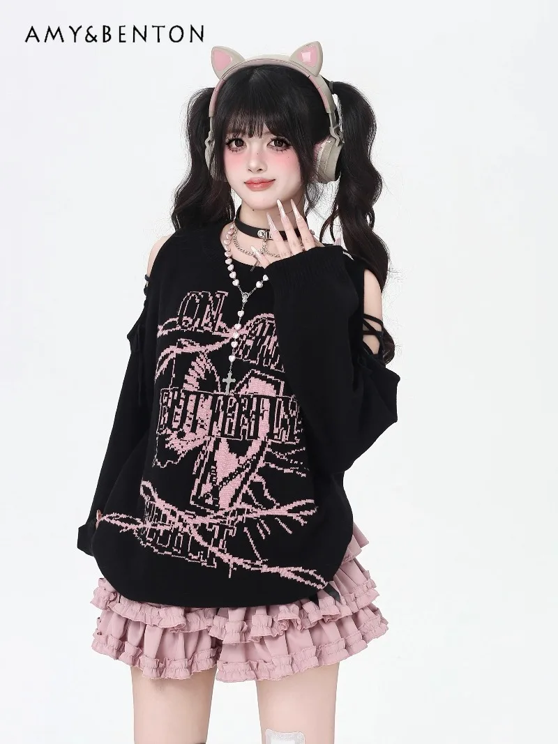 

Original Subculture Off-Shoulder Tie Sweet Cool Sweater Women Autumn Winter Harajuku Style Gothic Print Round Neck Loose Sweater