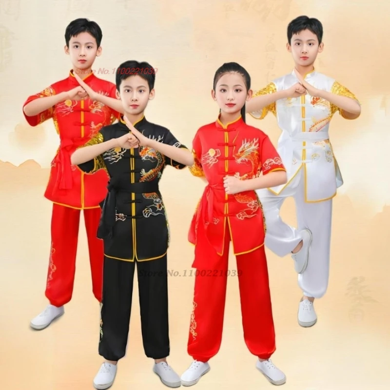 

2025 chinese children tai chi wushu clothing martial arts suit kung fu shaolin training exercise dragon embroidery sequin set