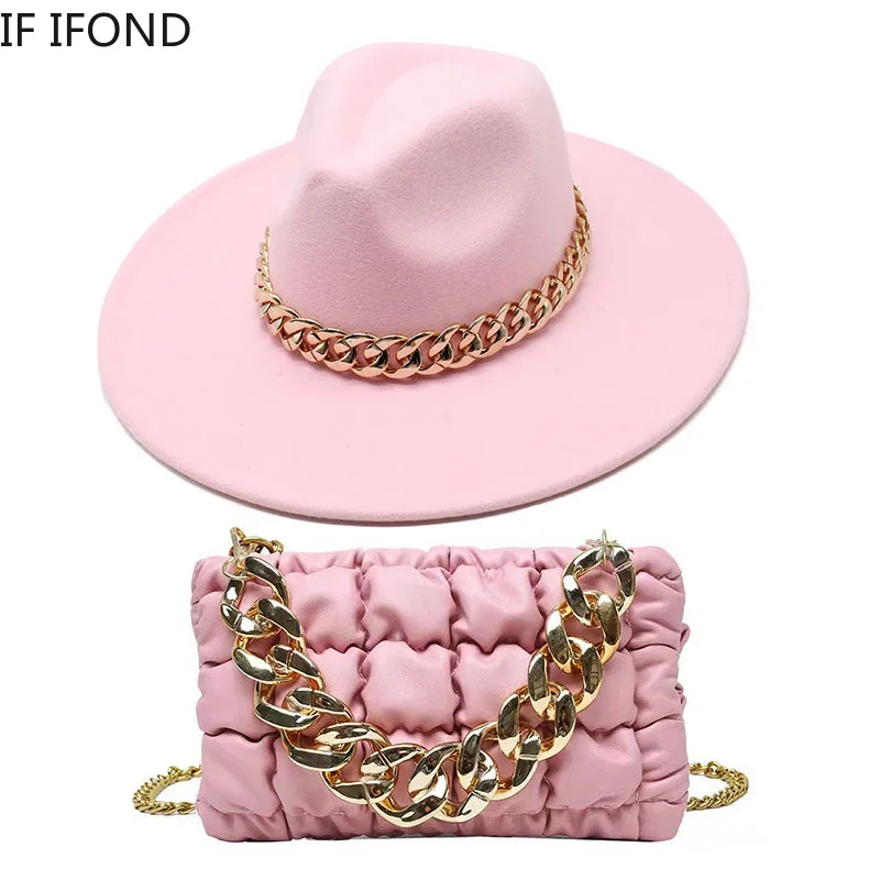 Fashion Luxury Two-piece Set Big Wide Brim 9.5CM Fedora Hat And Oversized Chain Accessory Bag Party Jazz Hats For Women