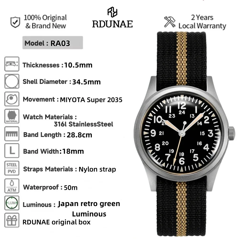 RDUNAE 2025 새로운 남성 쿼츠 시계 Miyota 2035 RA03 34.5mm G... - 1