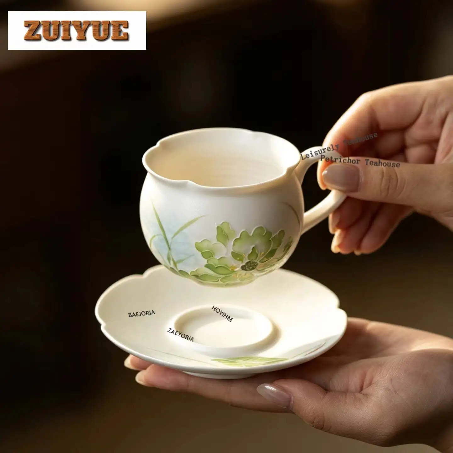 HOYIHM 170ml Hand-painted Green Lotus Teacup Retro Tea Bowl Cute Cup Tea-tasting Smelling Cup Jianzhan Master Cups Household Cha