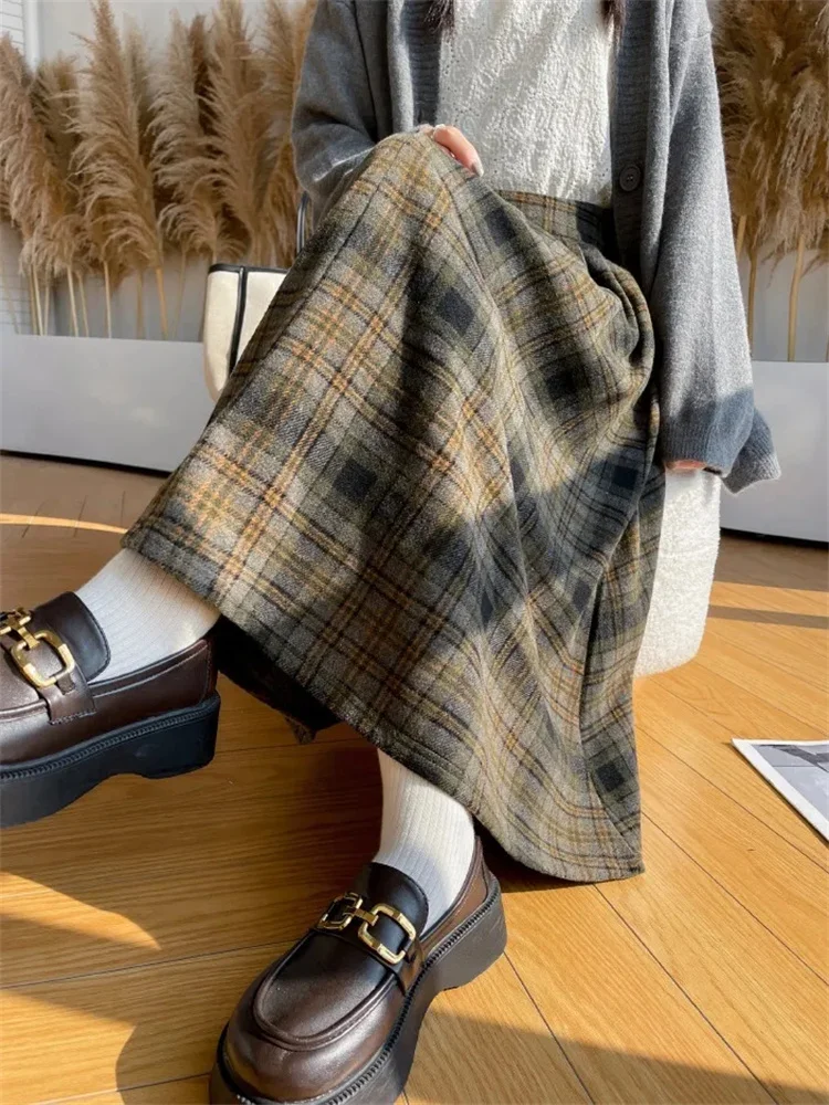 Herbst Winter Woolen Plaid Rock für Frauen 2024 Vintage Hohe Taille Midi Röcke Frau A-Line Gefaltete Lange Röcke Weibliche tweed