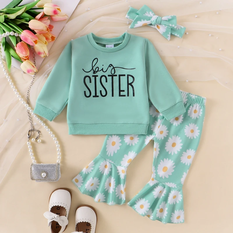 Baby Clothing Girls Outfits Letter Print Long Sleeve Sweatshirt and Daisy Print Flared Pants Headband Set Fall Clothes