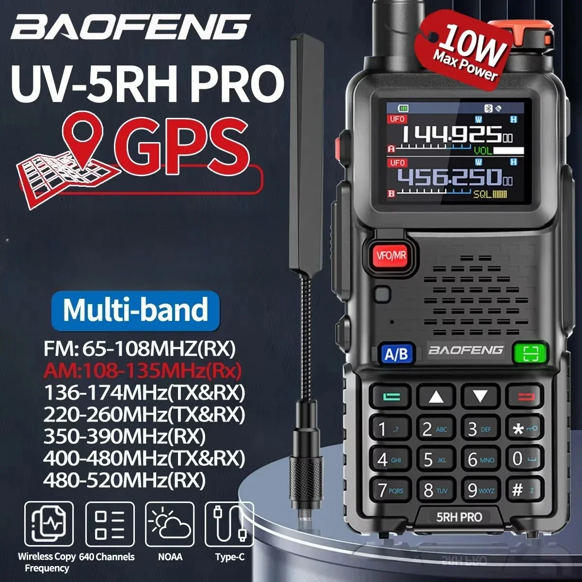 Baofeng UV-5RH PRO GPS Walkie Talkie Long Range 10W MultiWirless Copy Frequency AM FM NOAA Ham Radio