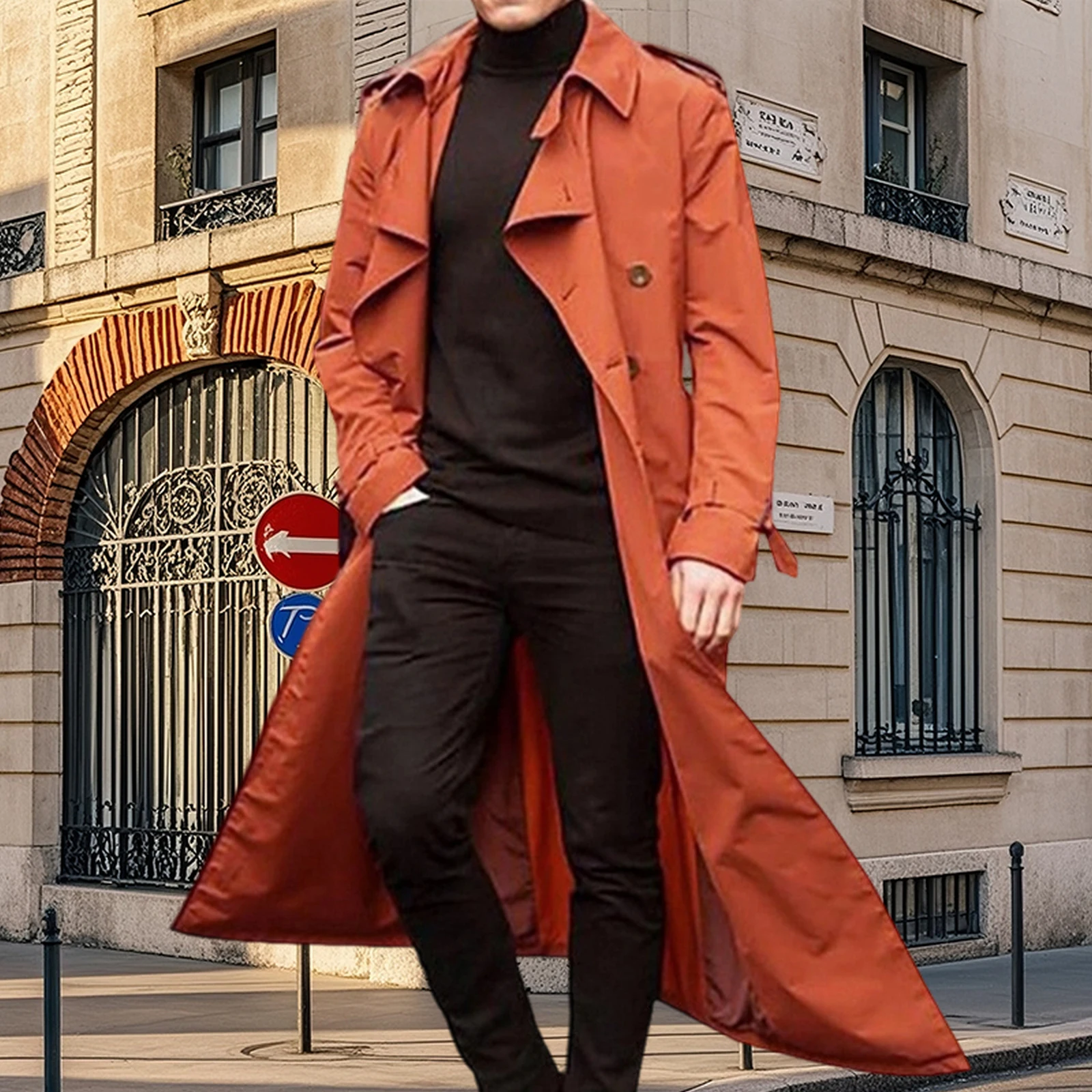 Chaqueta cortavientos con cinturón de color sólido con solapa de manga larga para otoño e invierno de primera calidad para hombre