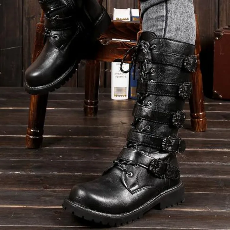Botas de Motociclista Estilo Punk Gótico para Hombre, Botas Altas con Hebilla y Cierre Lateral, para Cosplay, Disfraces, Actuaciones, Cómodas, Botas Hombre