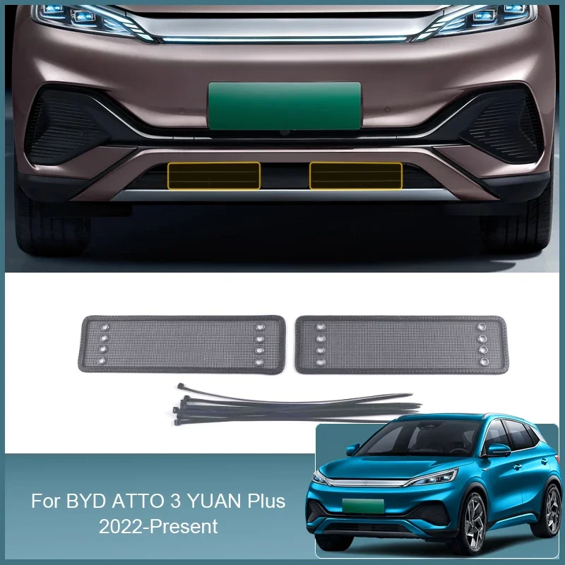 2pcs Car Insect Screening Mesh Front Grille Insert Net Styling Stainless Steel For BYD ATTO 3 YUAN PLUS 2022-2025 Accessories