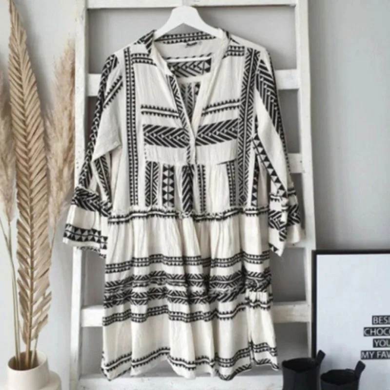 Holiday Boho Women's Summer Mini Dress Sexy Beach Sundress Spring Autumn Three-Quarters Sleeved Casual Printed Short Dresses