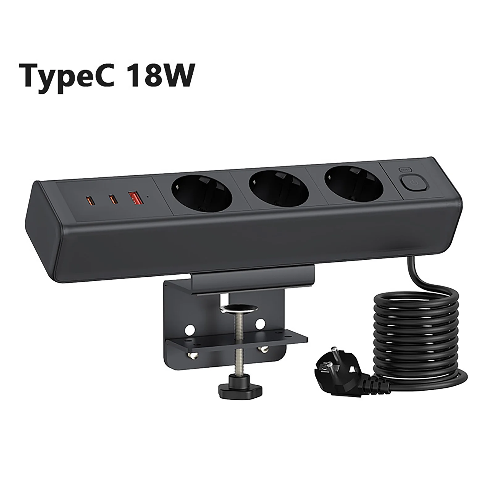 

EU Multi-plug Power Strip with Desktop Clamping Device Pull Ring Plug 1 USB and 2 Type C Ports 18W 65W Fast Charge + 1.8m Cable