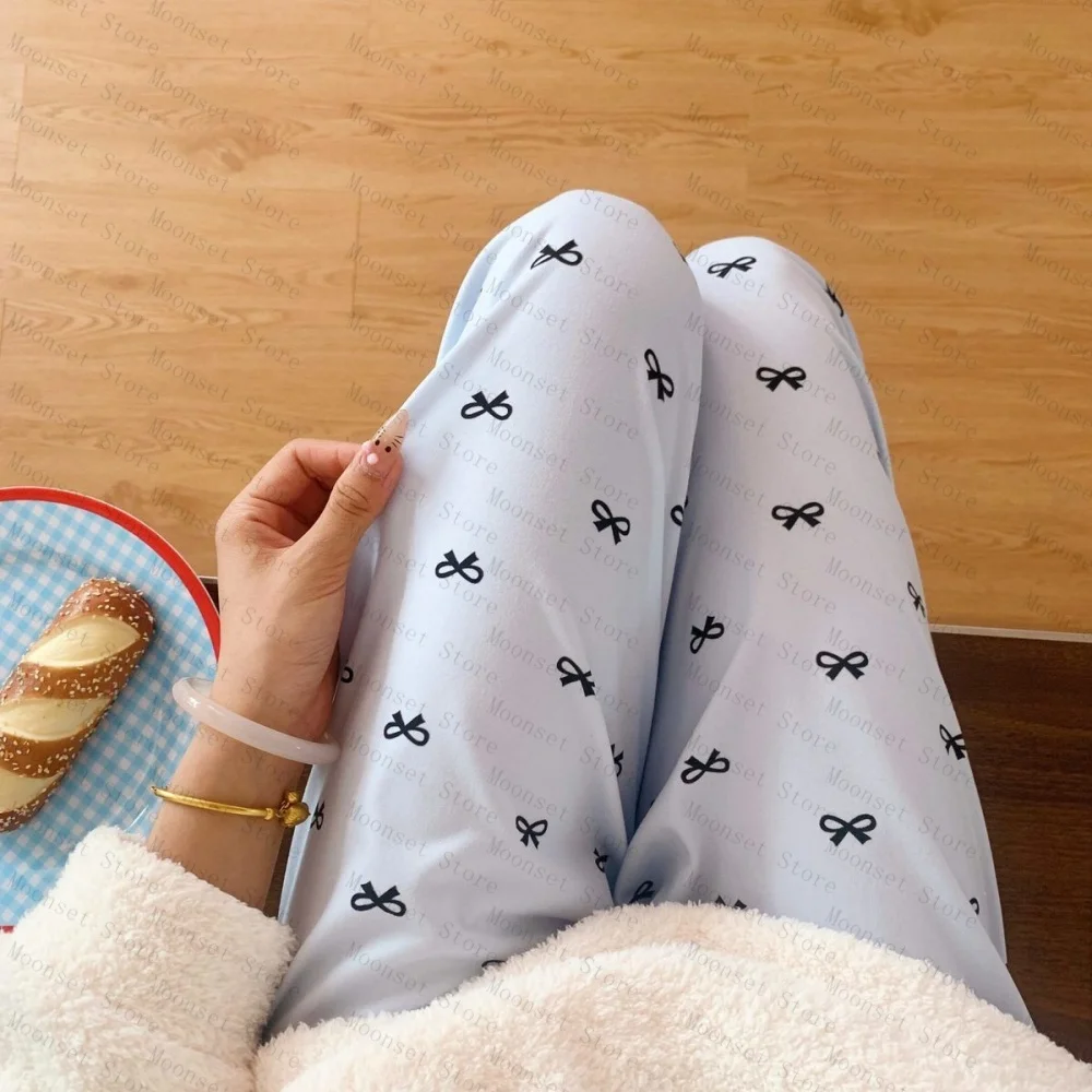 Calças femininas plus size e soltas para casa com laços e calças de pijama podem ser usadas como agasalhos em casa na primavera, outono e inverno